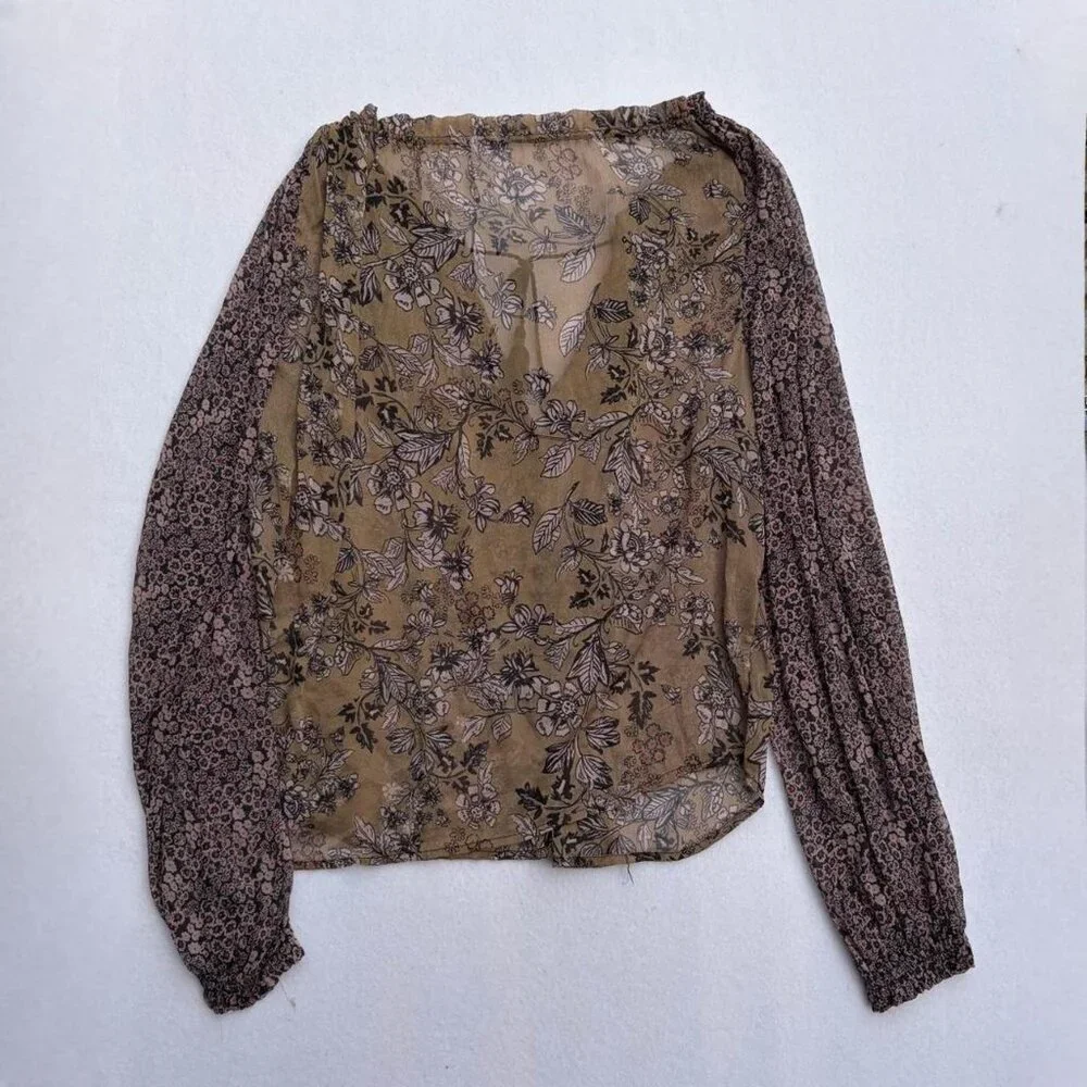 Free People Hendrix Brown Sheer Floral Tassel Puff Sleeve Peasant Blouse Sz S